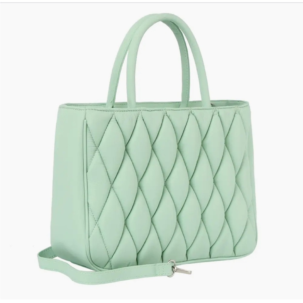 Ecostitch vegan leather Mint Grn puffy woven Tote top handles cross body strap